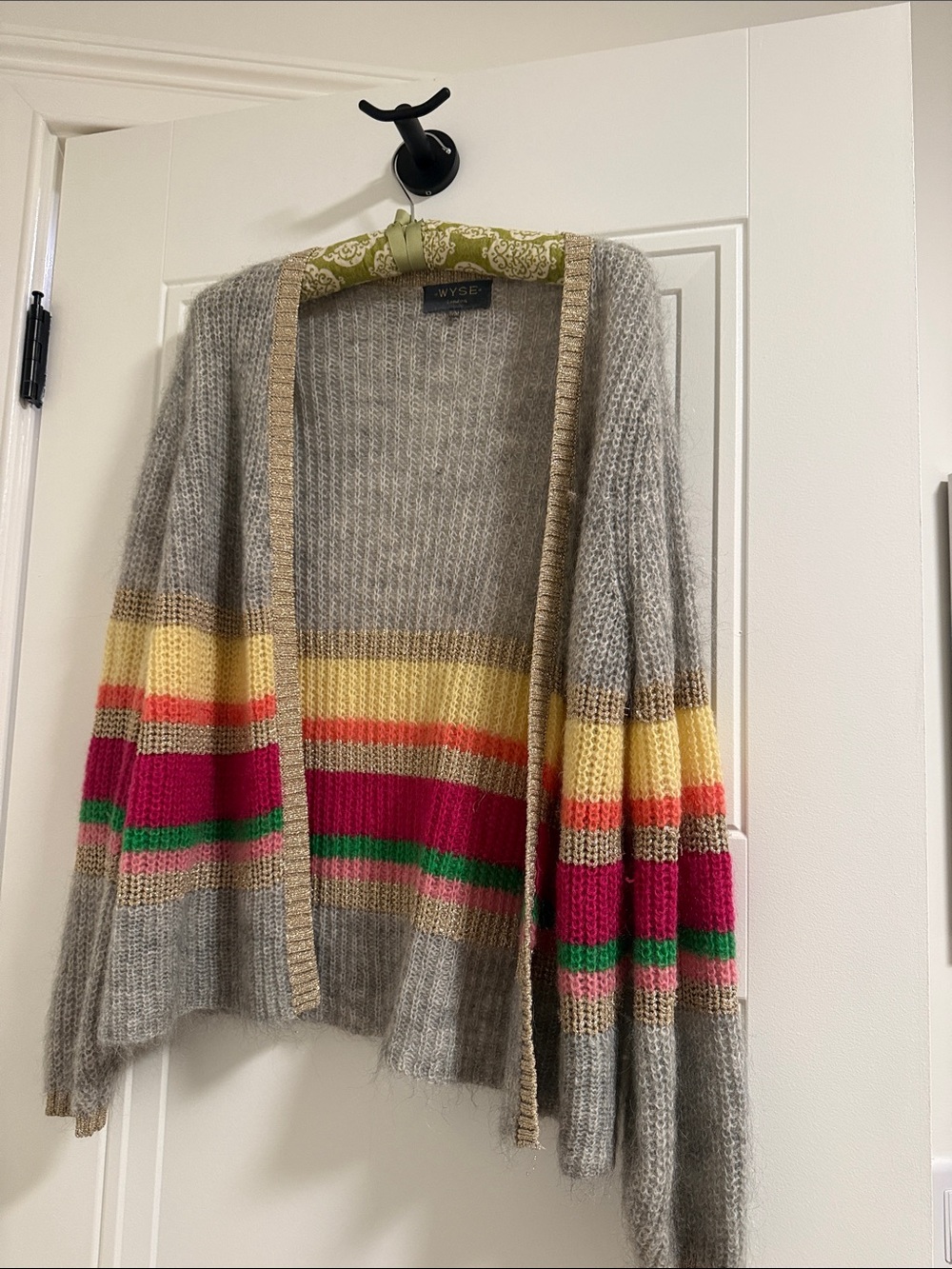 WYSE Grey Open-Front Cardigan with Bright Stripe Accents